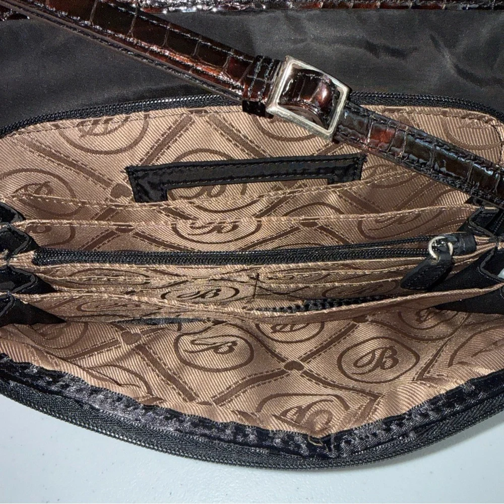 Brighton‎ Black Nylon Croc Embossed Leather Crossbody Bag F174135 Brown Trim